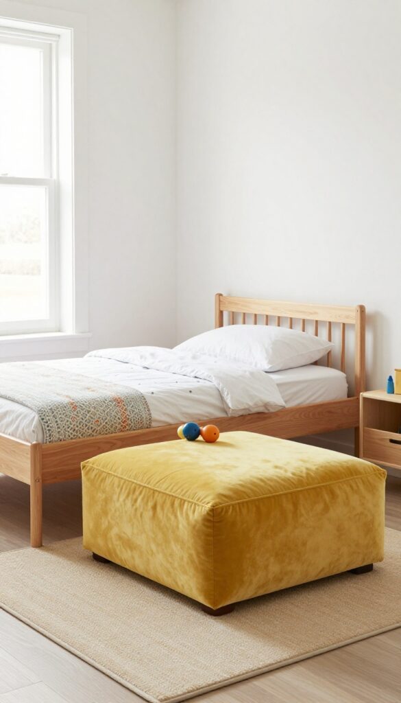 A children's bedroom featuring a mustard yellow storage ottoman at the foot of the bed, with toys on top, bright natural light, and a clean, playful design.