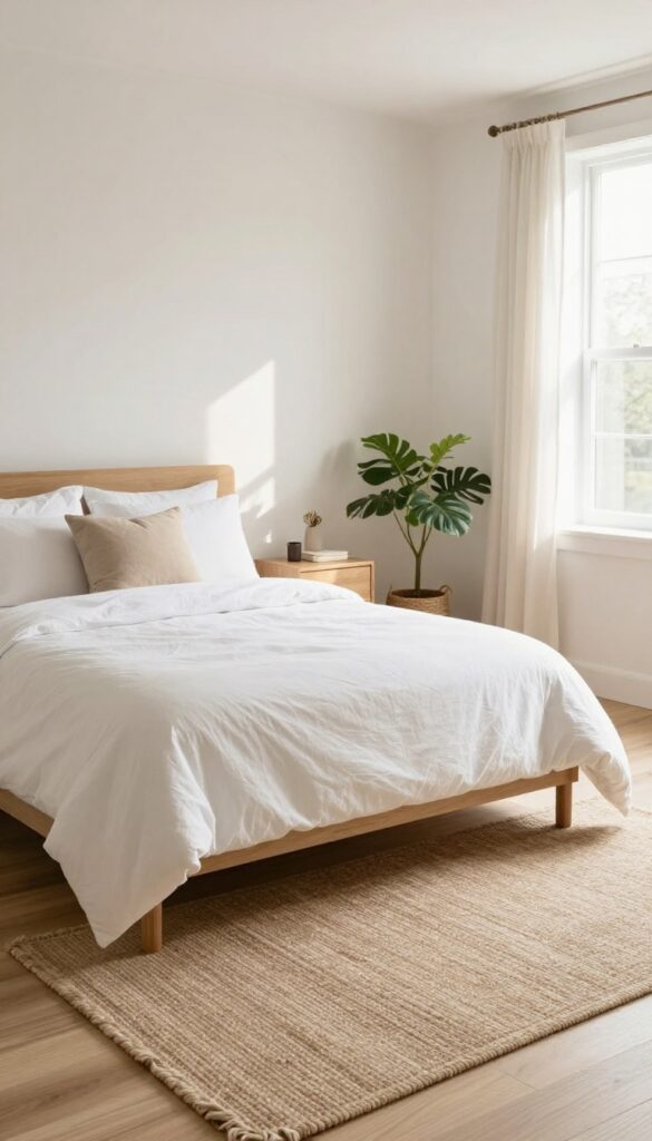 Neutral guest bedroom with a jute rug defining the bed area, white linen bedding, and natural light on hardwood floors.