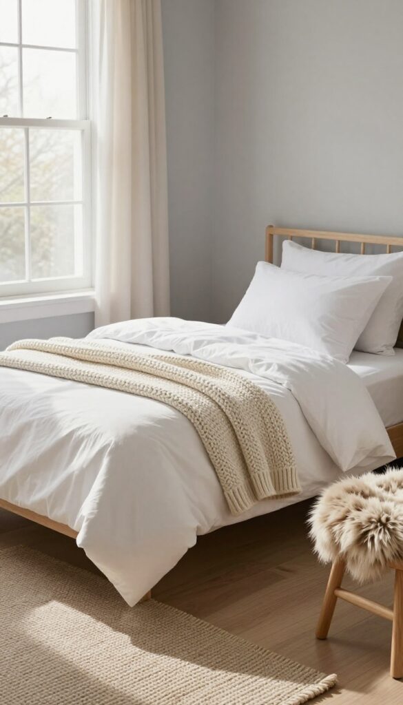 Cozy kids bedroom with a chunky knit throw draped over the foot of the bed, soft natural light, neutral tones, and layered textures.
