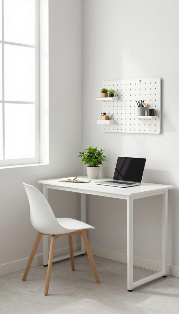 Corner L-shaped desk setup in a small bedroom with two white desks, laptop, notebook, plant, and pegboard, bright natural light.