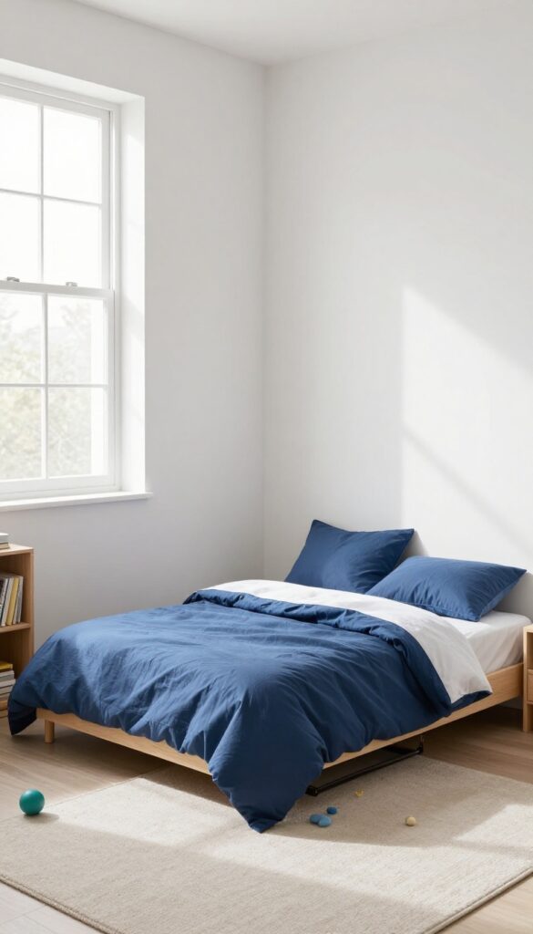 A boys' bedroom with a twin bed and pull-out trundle, bright natural light, clean and spacious.
