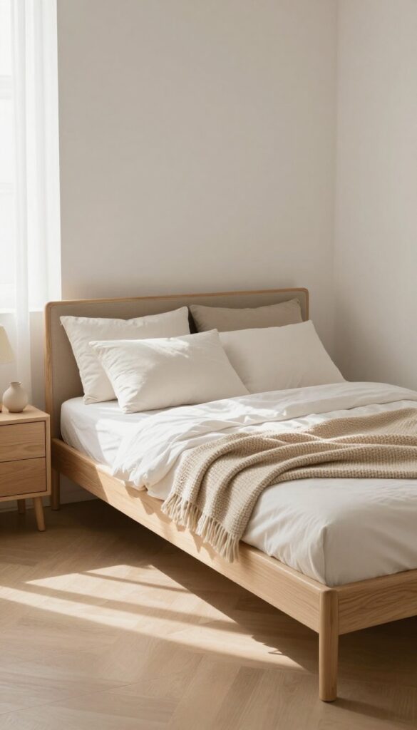 Simple neutral bed frame with soft bedding in a bright, airy guest bedroom