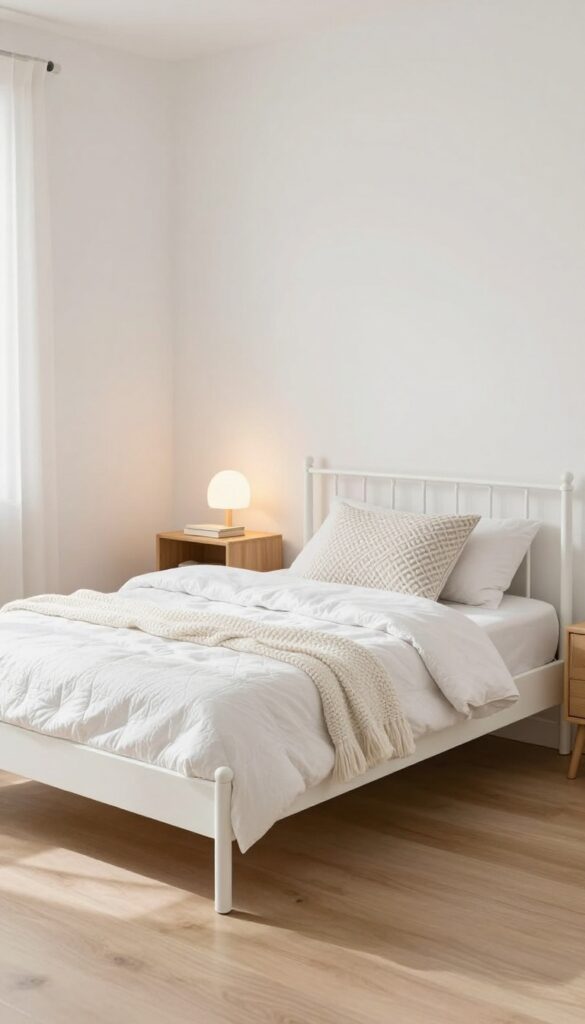 Preteen girl's bedroom with a full-size bed, white quilt, floor lamp, and side table in bright natural light.