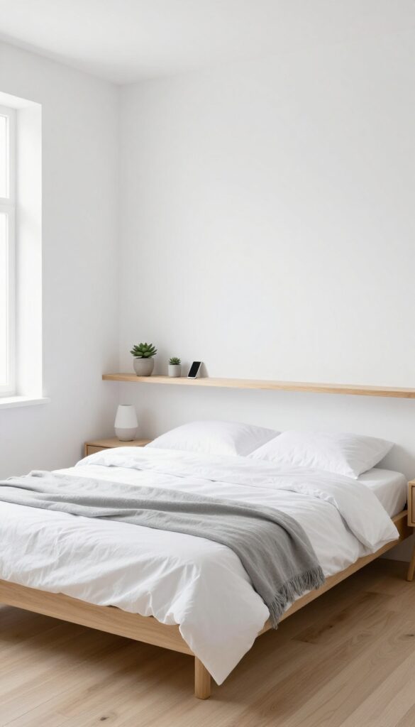 Small bedroom with wall-mounted nightstand shelf, minimal decor, bright natural light