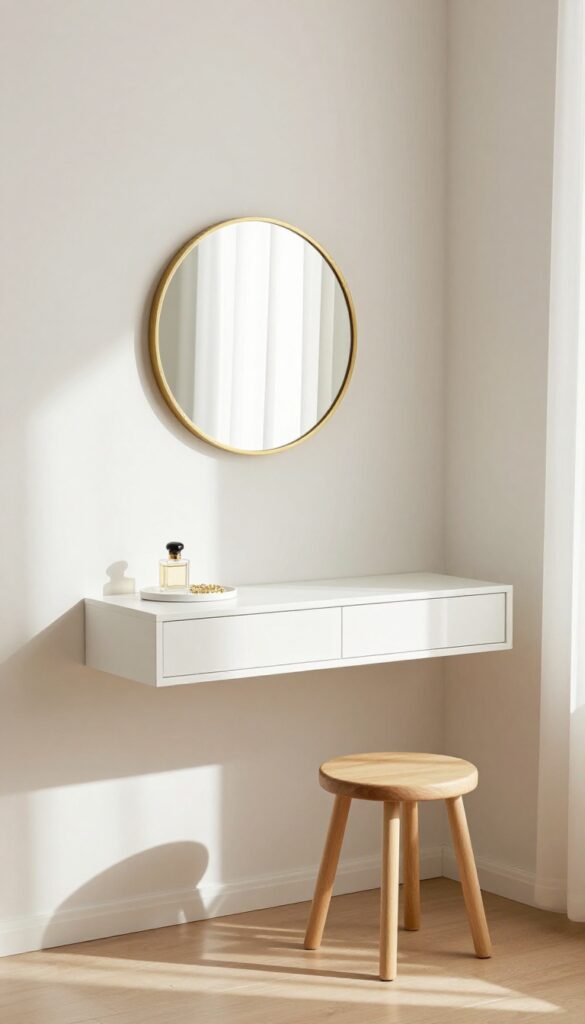 Floating console with mirror and stool in small bedroom corner