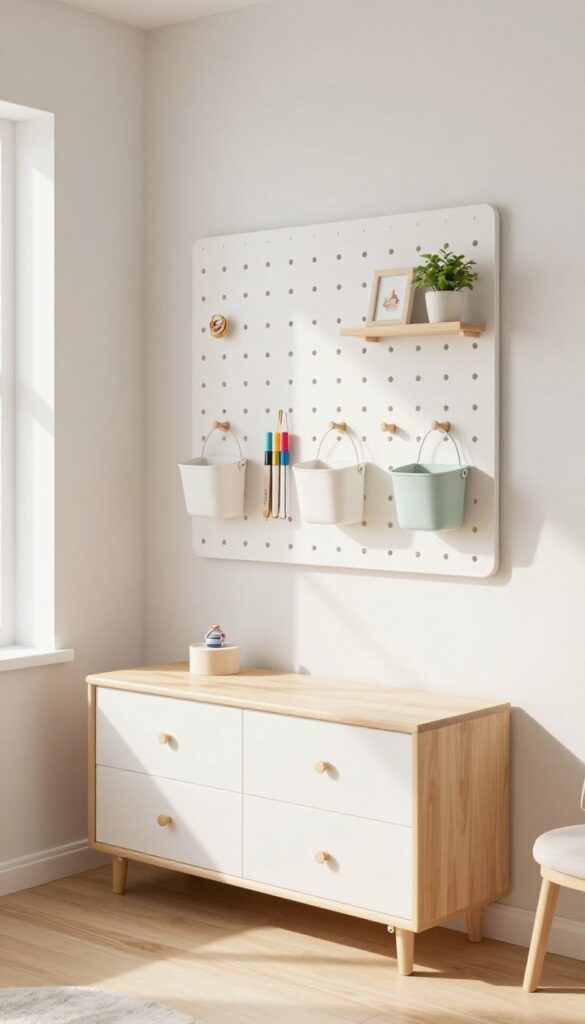 Small kids bedroom with white pegboard wall above desk, holding pastel baskets and hooks with art supplies, natural light, airy feel.