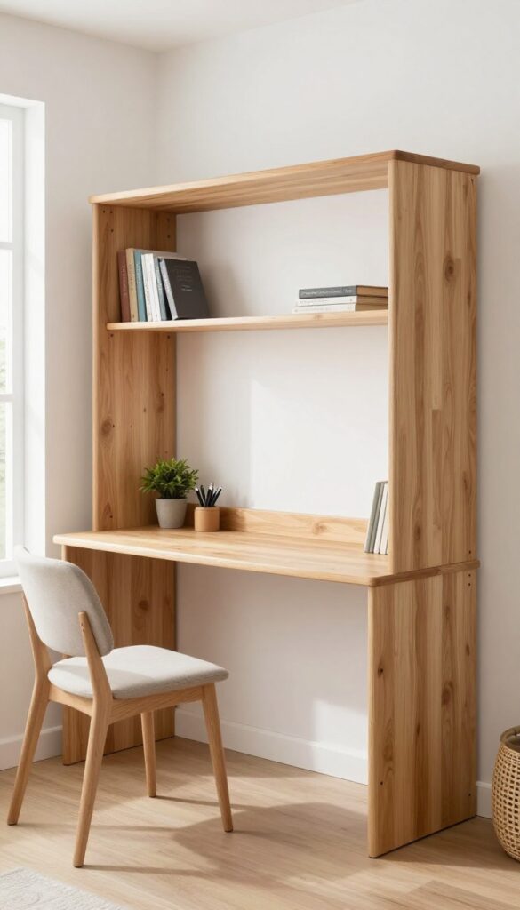 Murphy bed desk combo in a home office guest room with integrated storage