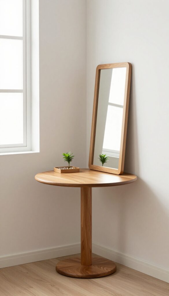 Pedestal table with mirror in small bedroom corner