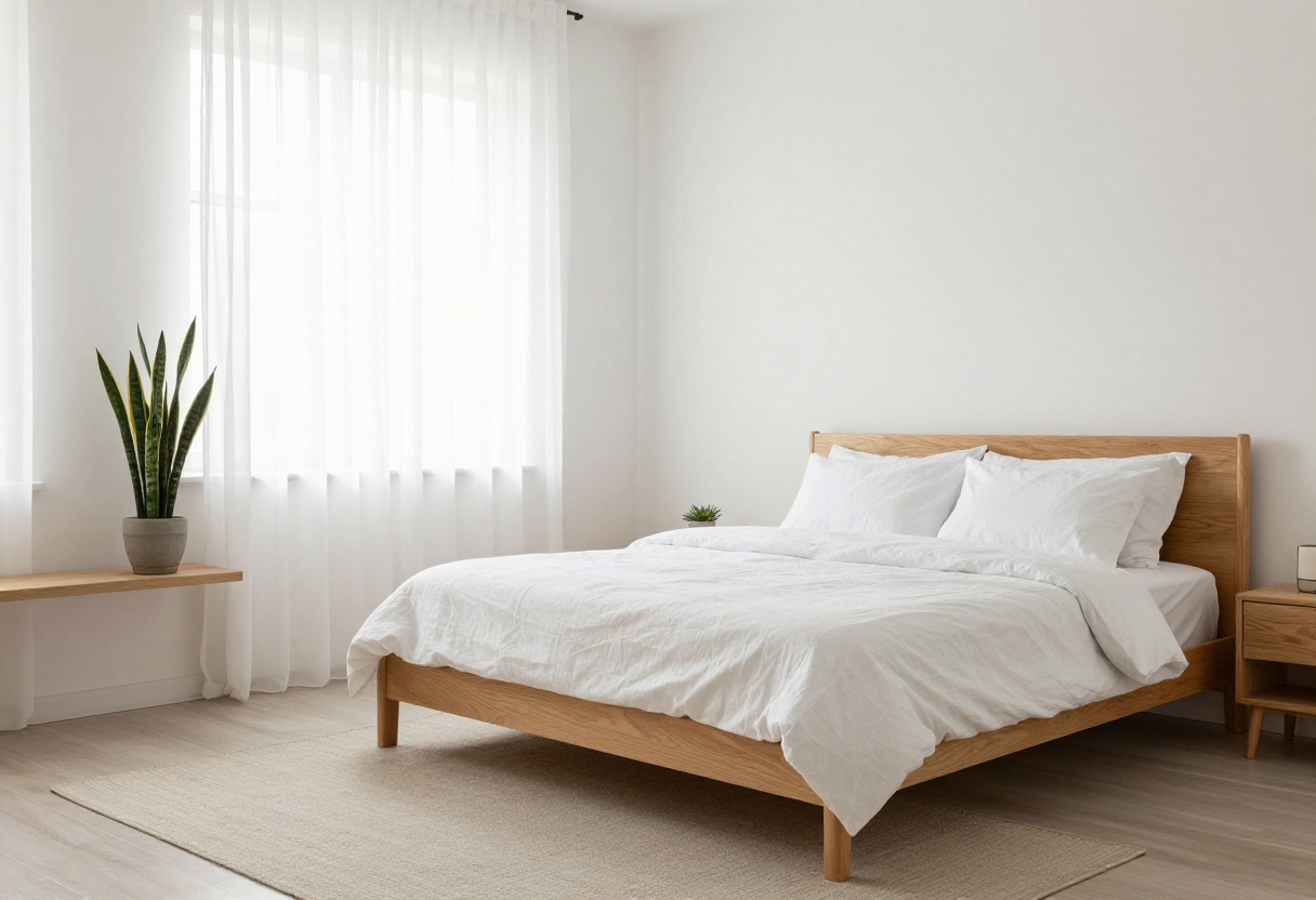 Minimalist bedroom with low bed, white linen, sheer curtains, and a potted plant