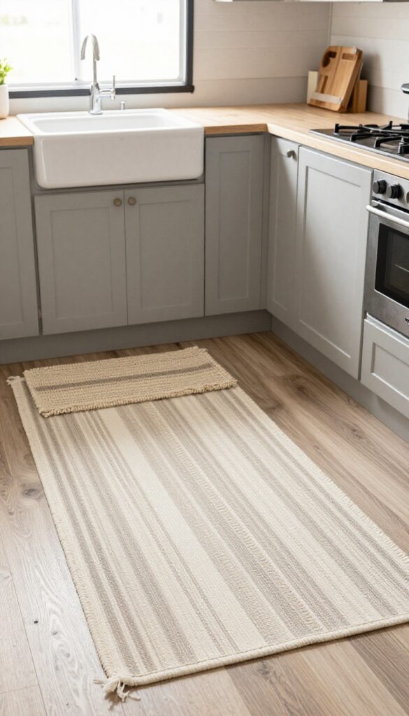 Layered rugs in a mobile home kitchen adding texture and warmth