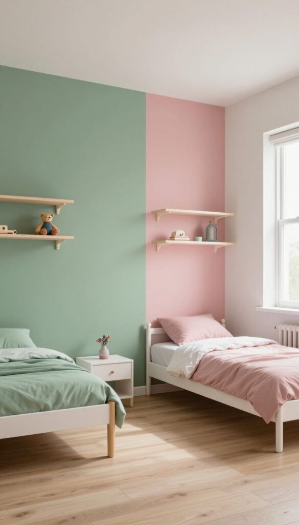 Shared bedroom with color-blocked wall in sage green and dusty rose, two beds with matching bedding, and floating shelves.