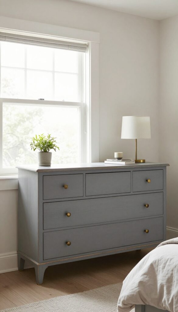 Grey painted dresser with distressed edges and brass knobs in a bright bedroom