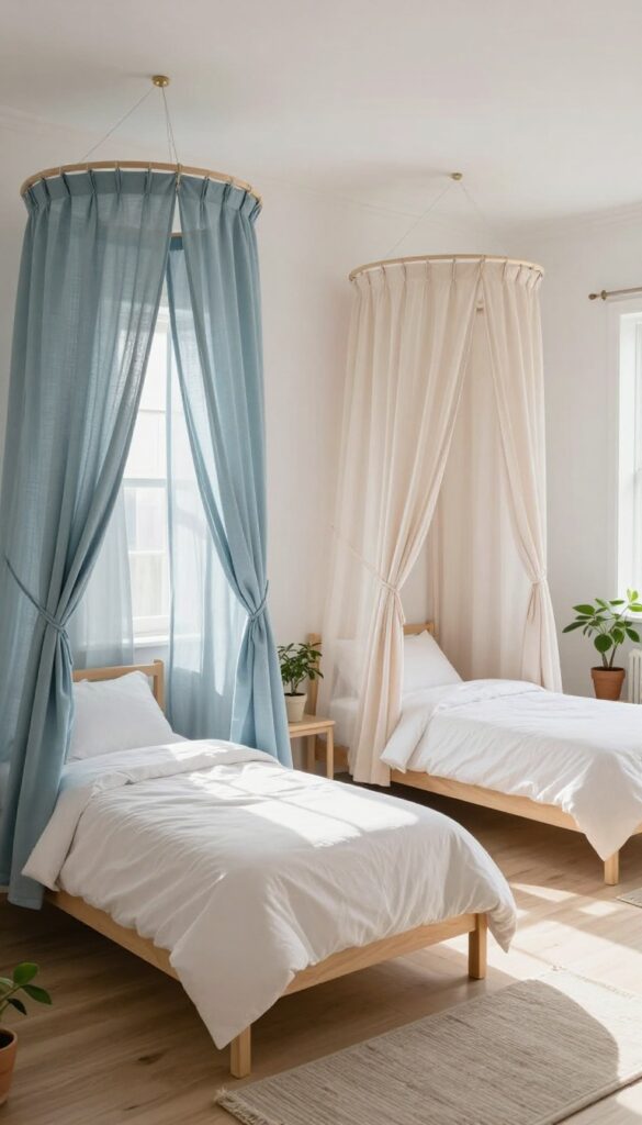 Two twin canopy beds with different colored drapes in a bright, cozy shared bedroom.