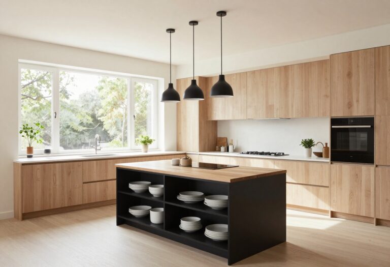 Bright kitchen with light wood cabinets, black island, and open shelving