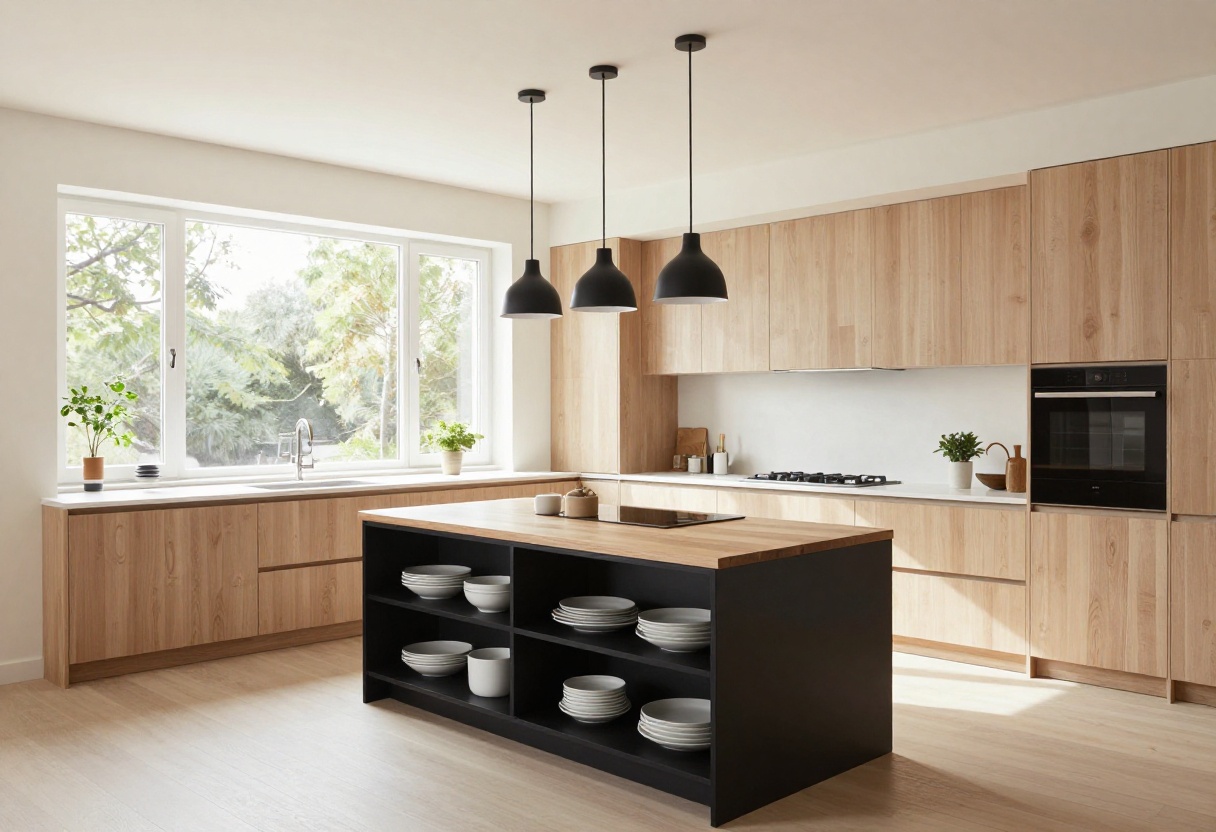 Bright kitchen with light wood cabinets, black island, and open shelving