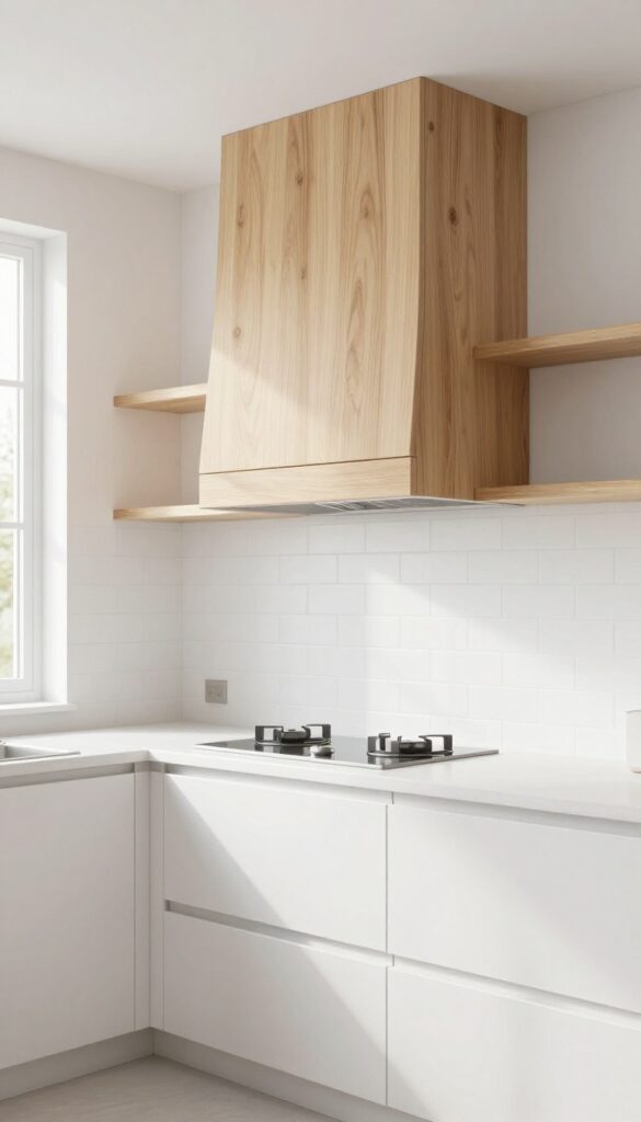 Modern kitchen with wooden range hood cover as focal point, light oak finish, bright natural light