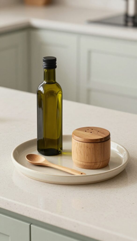 Ceramic tray with olive oil bottle and salt cellar on kitchen counter