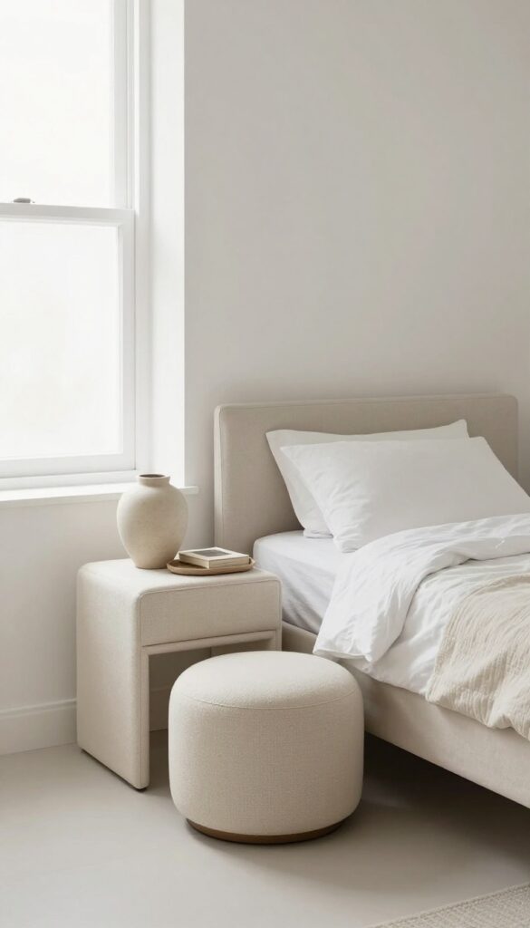 Cream bouclé ottoman with hidden storage used as a bedside table in a bright guest bedroom, featuring a lamp and book on a tray.