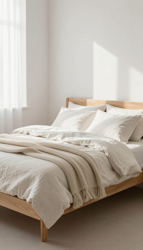 Small bedroom with low-profile bed frame, light linen bedding, chunky knit throw, soft pillows, natural light, minimalist and airy.