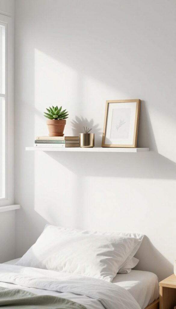 Floating shelves above a bed with curated decor including books, succulent, and candle holder in a small bedroom