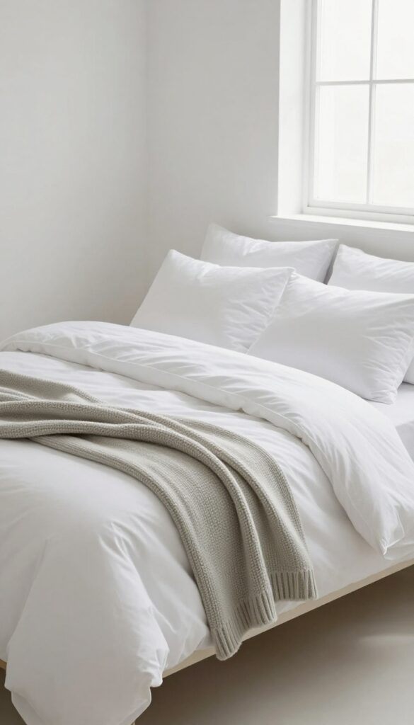 A beautifully layered guest bed with white sheets, plush pillows, and a textured throw in soft light.