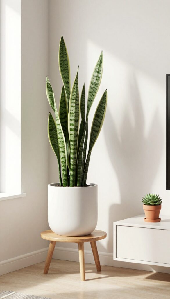 Living room with three plants at different heights: tall snake plant in woven basket, pothos on side table, and small succulent on shelf, in bright natural light.