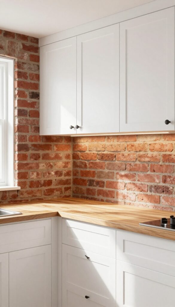 Farmhouse kitchen with brick veneer backsplash, white cabinets, and butcher block countertop.