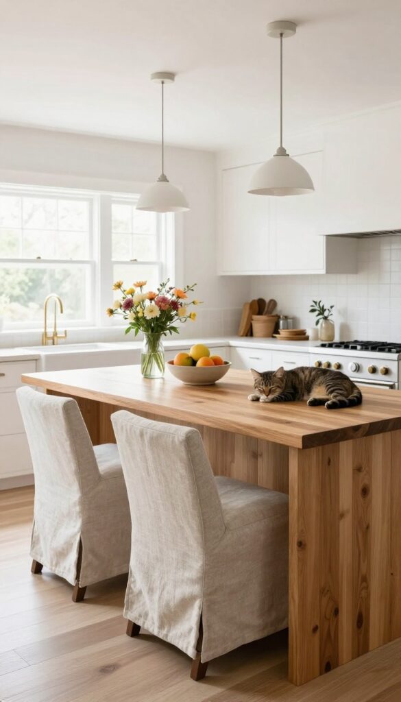 Kitchen island with breakfast bar overhang, bar stools, flowers, fruit bowl, and a cat