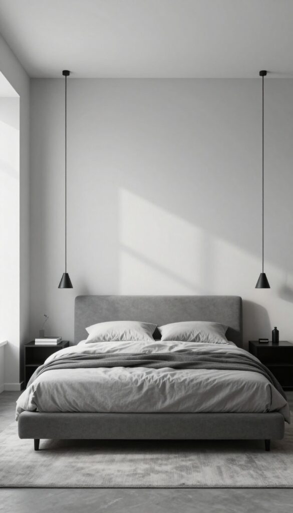 Grey bedroom with a modern matte black pendant light fixture hanging from the ceiling, soft natural light, minimalist decor.