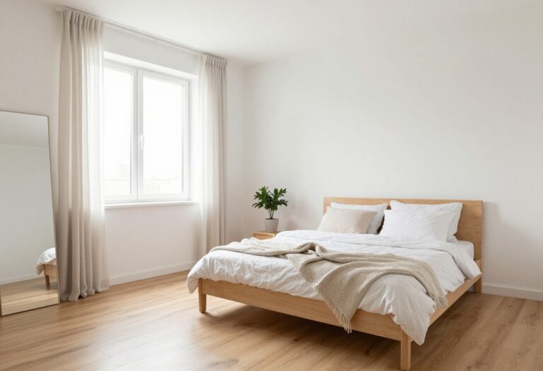 Small bedroom with low bed, mirror, and natural light
