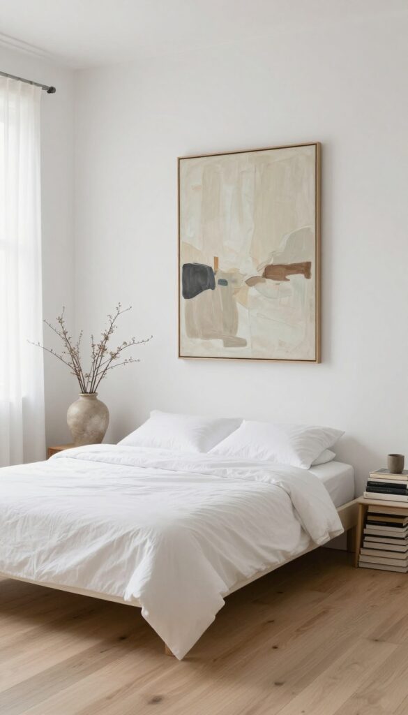 Minimalist small square bedroom with a large abstract painting and a sculptural floor vase, bright natural light, clean and serene.