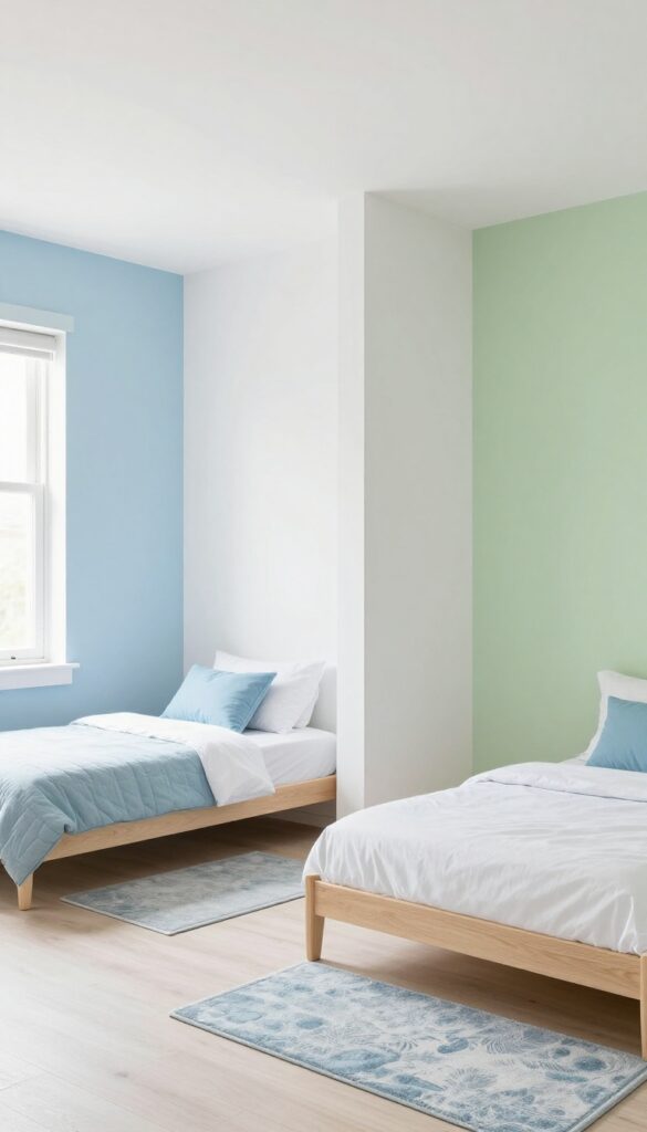 Two kids bedroom with color zones: blue on one side, green on the other, with matching rugs and pillows.