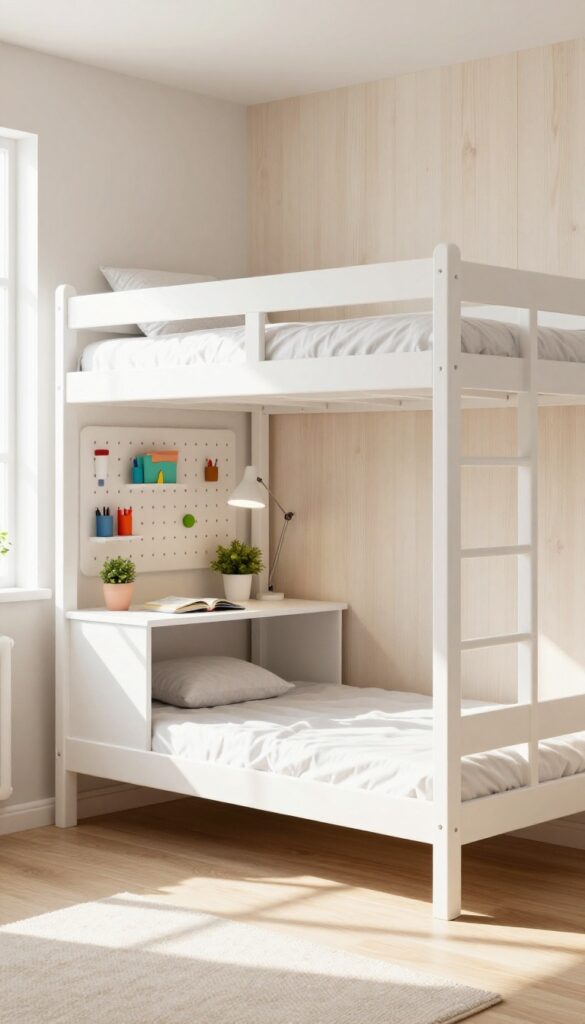 Loft bed with built-in desk in a bright kids' bedroom