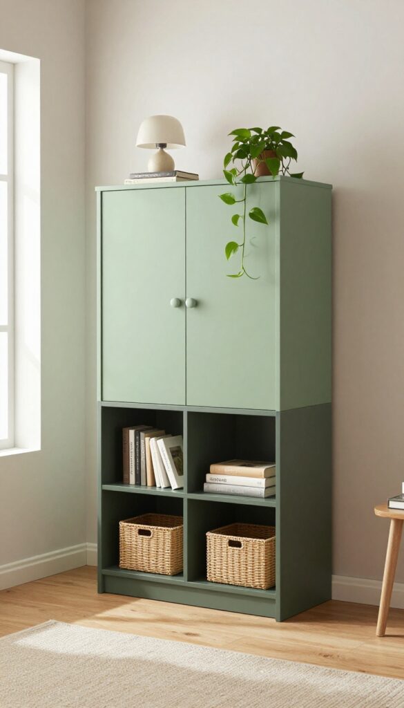 Two-tone cabinet in living room with pale sage upper and charcoal lower sections, styled with lamp, plant, books, and baskets.