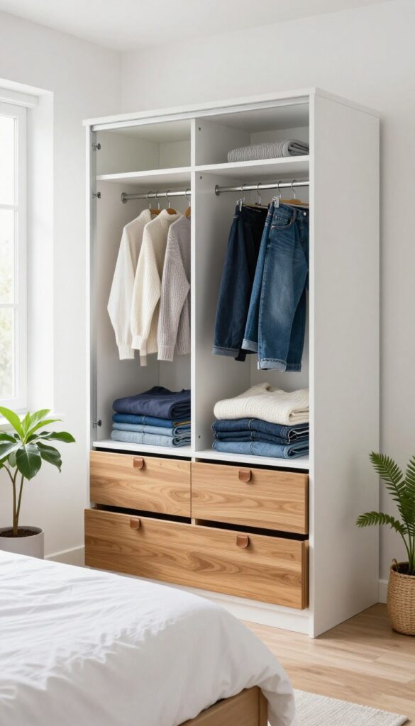 A small bedroom with a wardrobe that has integrated drawer units at the bottom, providing hanging space above and organized storage below.