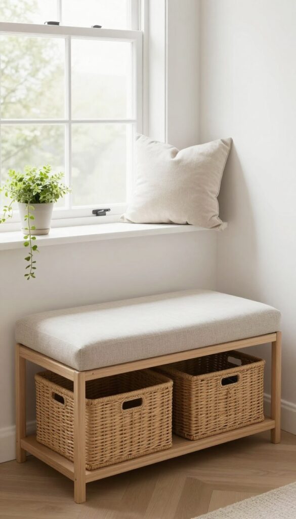 Cozy bedroom with a bench under the window for seating and storage, featuring baskets and a plant.
