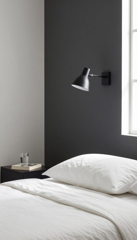 Small bedroom with wall-mounted reading lamp above bed, clear nightstand, natural light