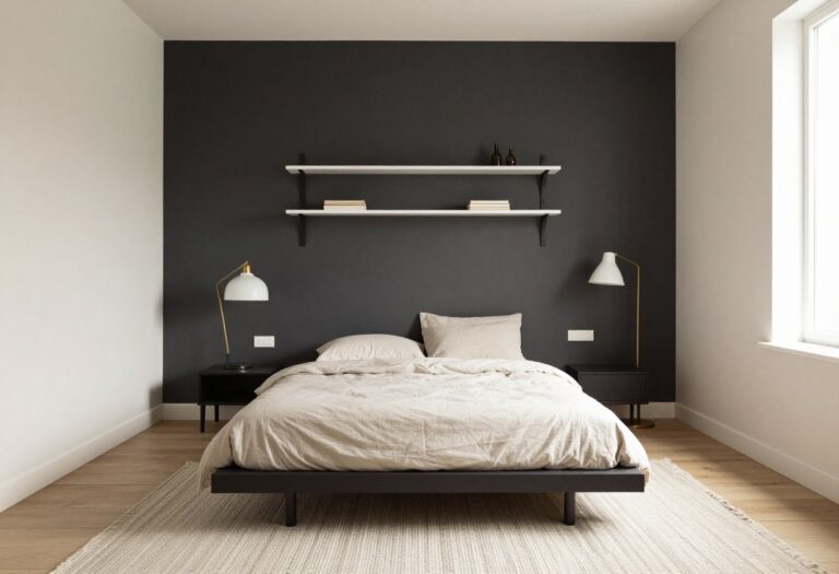 Small men's bedroom with dark accent wall, low bed, floating shelves, and warm lighting