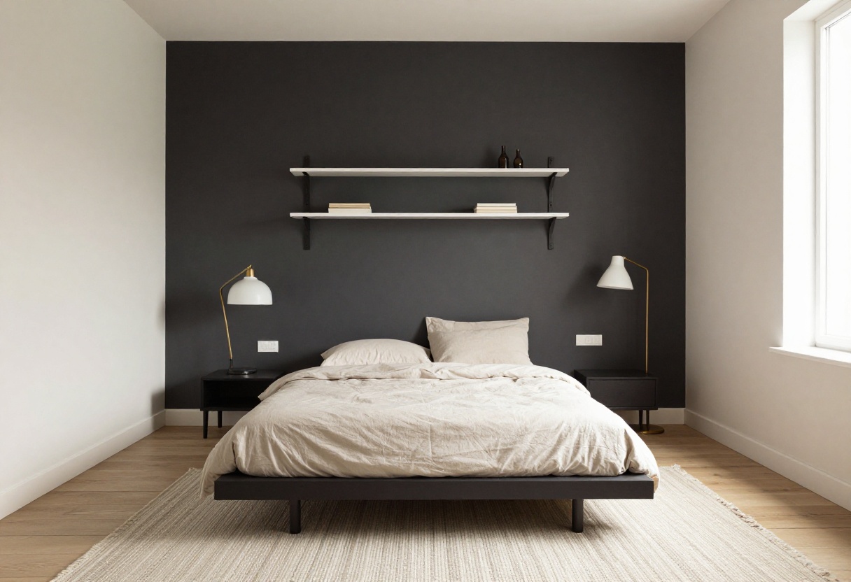 Small men's bedroom with dark accent wall, low bed, floating shelves, and warm lighting