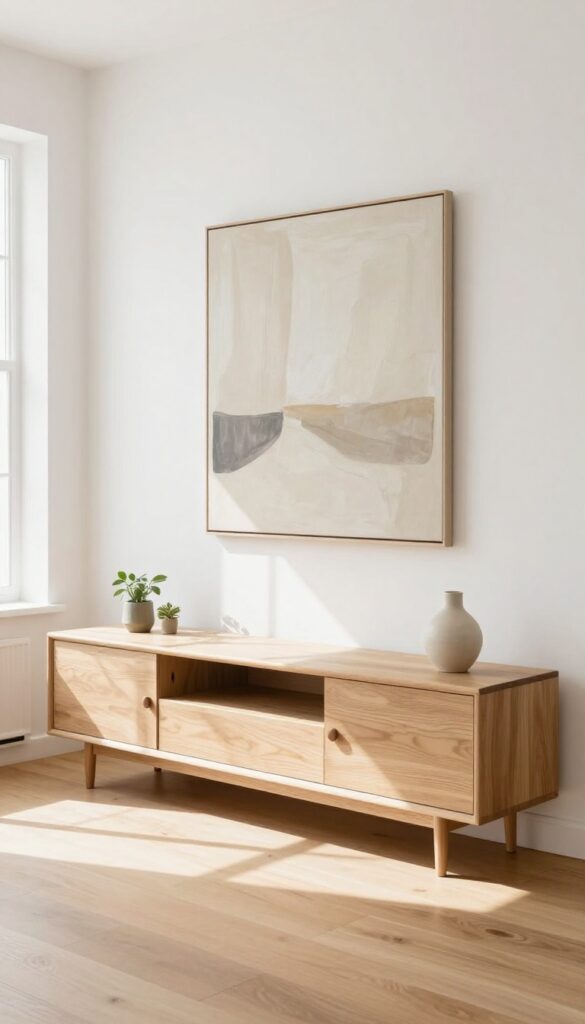 Low and wide media console with TV and art above in a bright, modern living room