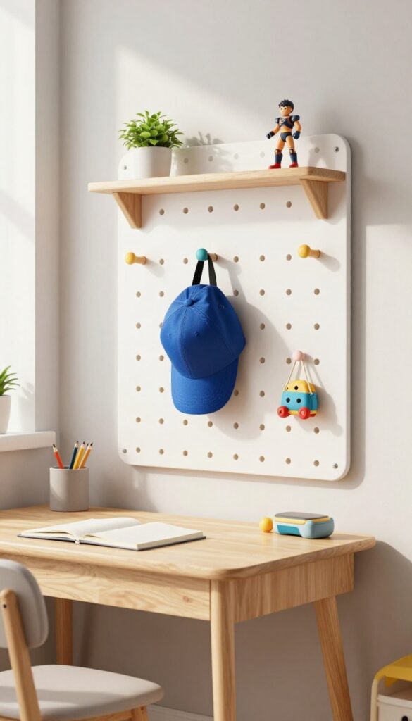 Small boys bedroom with white pegboard wall above desk, organizing backpack and toys, bright natural light, clean and playful interior