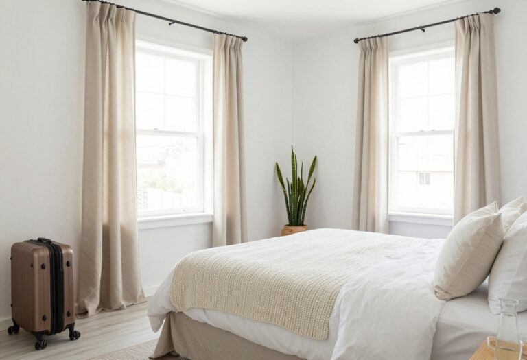 Cozy guest bedroom with layered white bedding, a luggage rack, and a tray with water carafe on nightstand