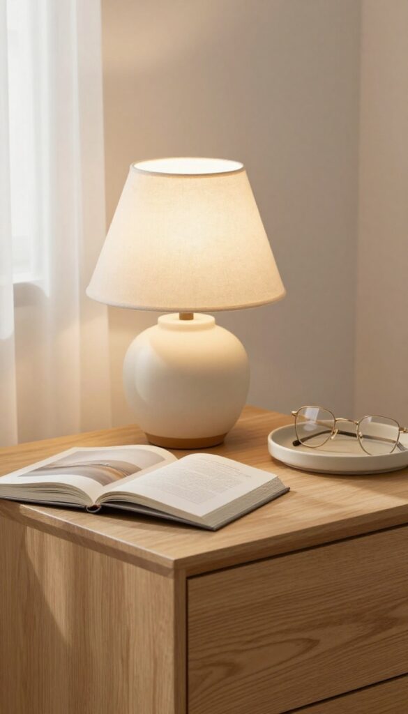 Minimalist nightstand with ceramic lamp, open book, and tray on a budget guest bedroom