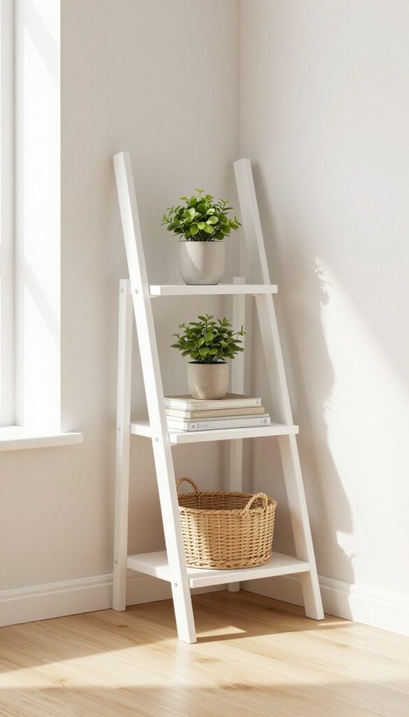 Corner shelving in a small bedroom with a ladder shelf holding a plant, books, and a basket, bright natural light, minimalist decor.