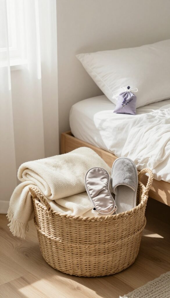 Cozy guest room welcome basket with throw blanket, slippers, sleep mask, and lavender sachet in natural light
