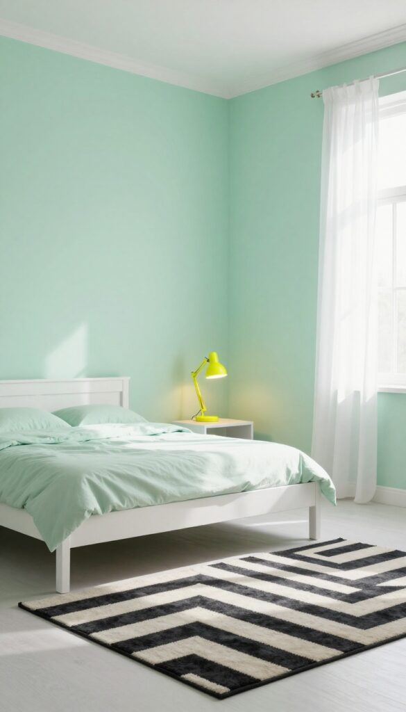 Small bedroom with soft mint green walls, white bed, and a bold black-and-white geometric rug, accented by a neon yellow desk lamp.