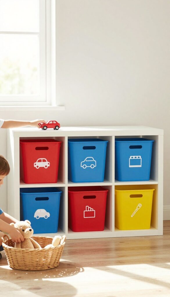 Colorful storage bins in a child's bedroom with open shelving and a woven basket for toys.