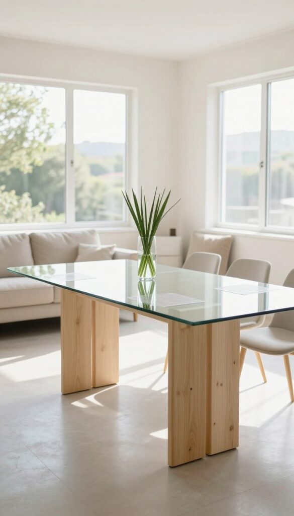 Glass dining table in open-concept living and dining room with natural light and reflections