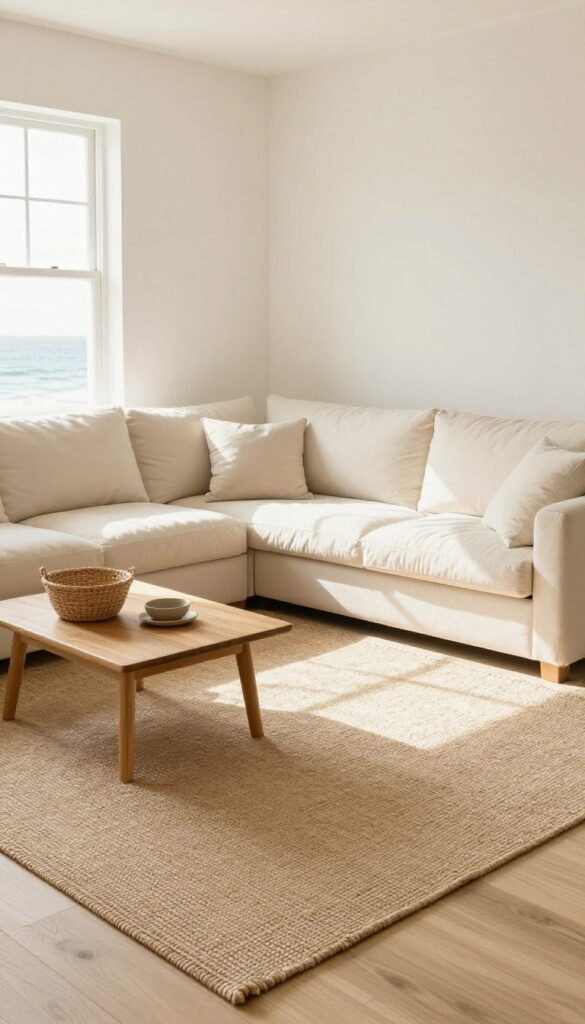Cream couch on a large natural fiber jute rug in a bright living room with light walls and wood floors