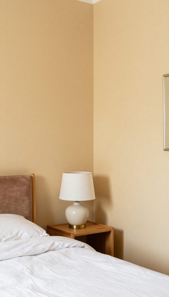 Girls bedroom with warm honey grasscloth wallpaper, natural texture, soft lighting, linen bedding, velvet headboard, ceramic lamp, brass accents.